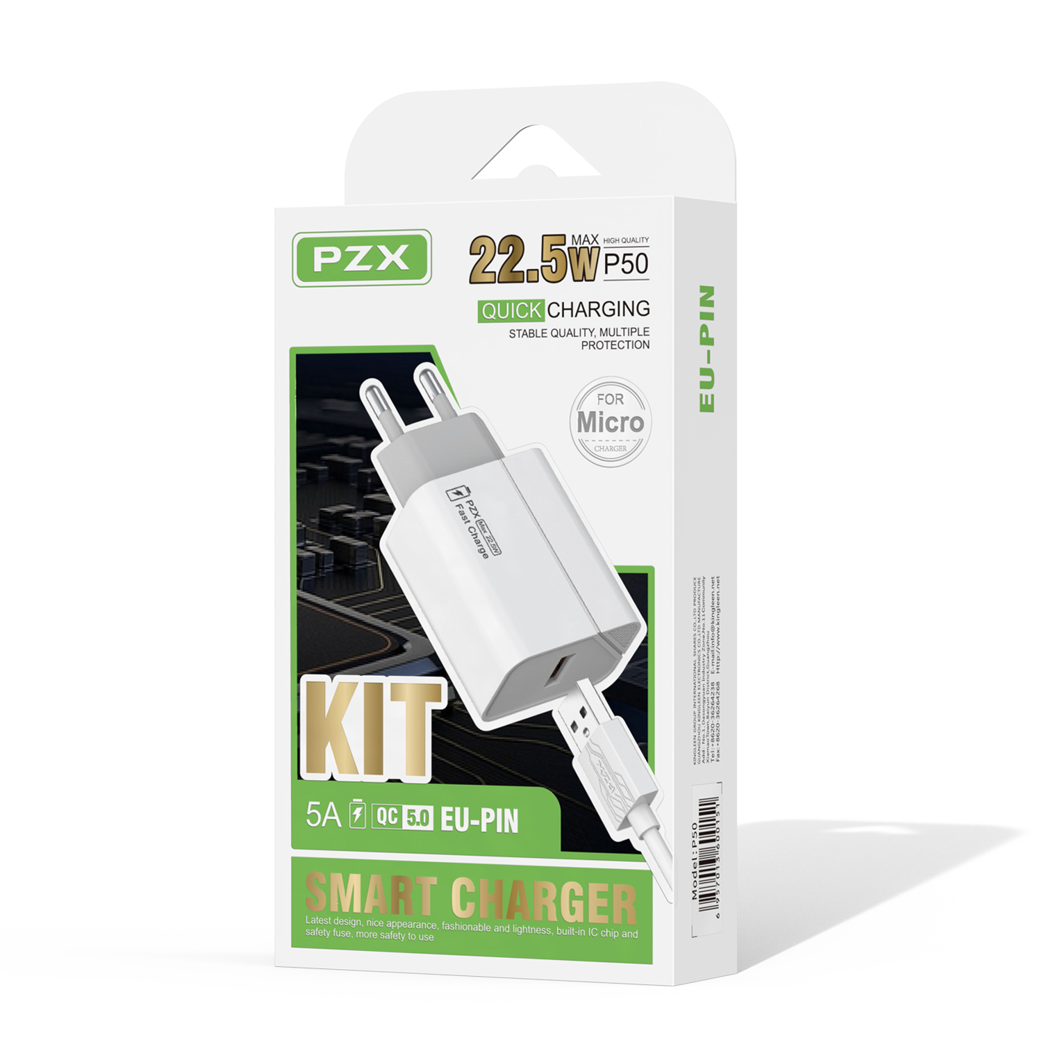 PZX P50 22.5W hleðslutæki og USB-micro snúra hvítt