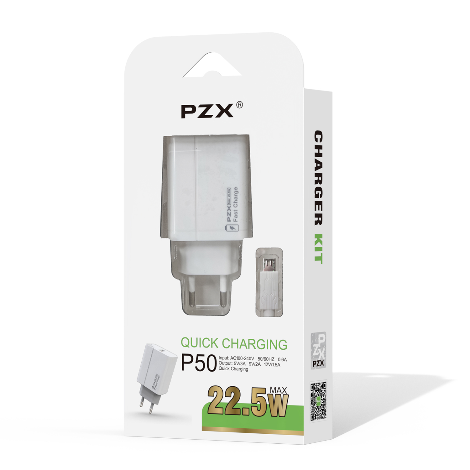 PZX P50 22.5W hleðslutæki og USB-micro snúra hvítt