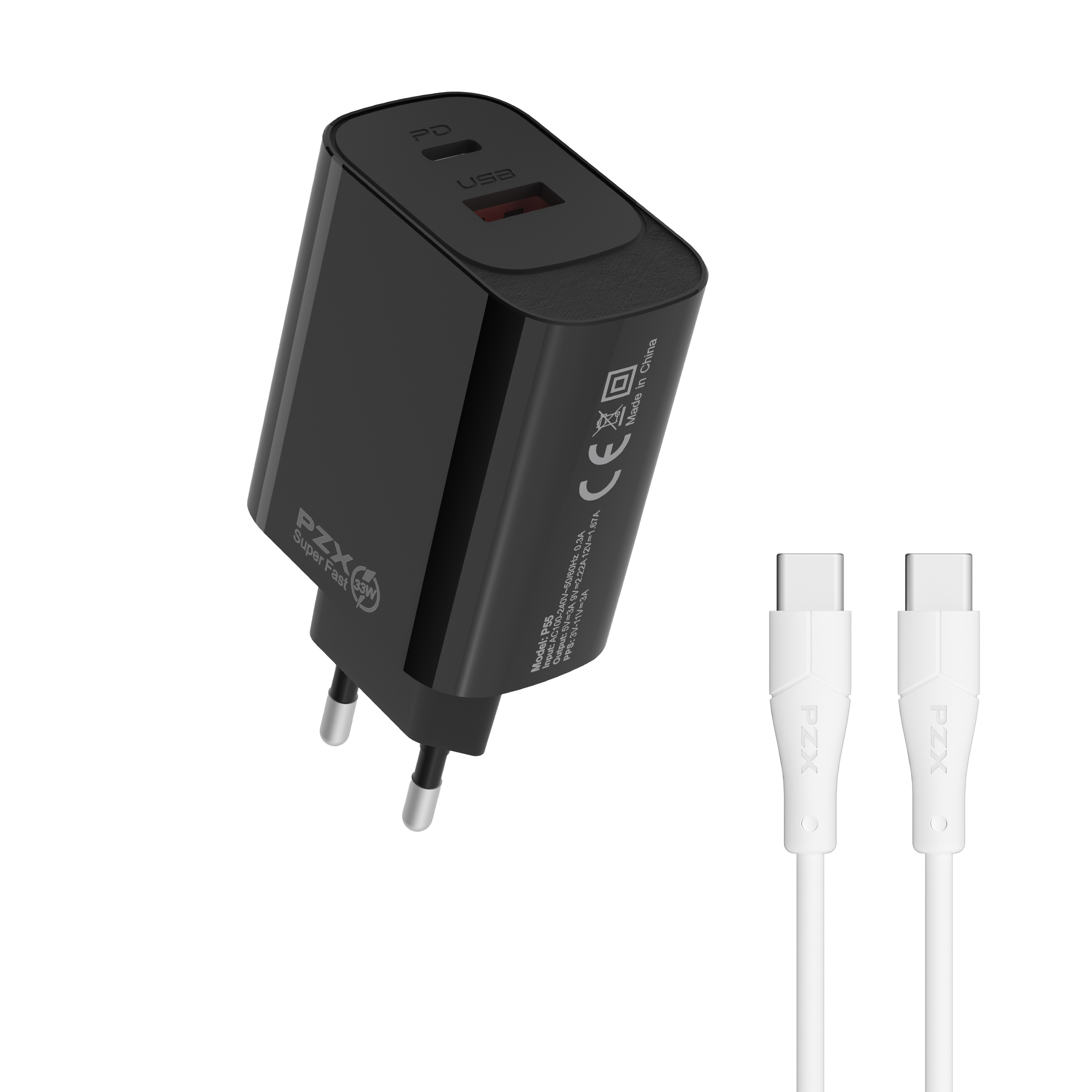 PZX P55 33W hleðslutæki og USB-C snúra svart