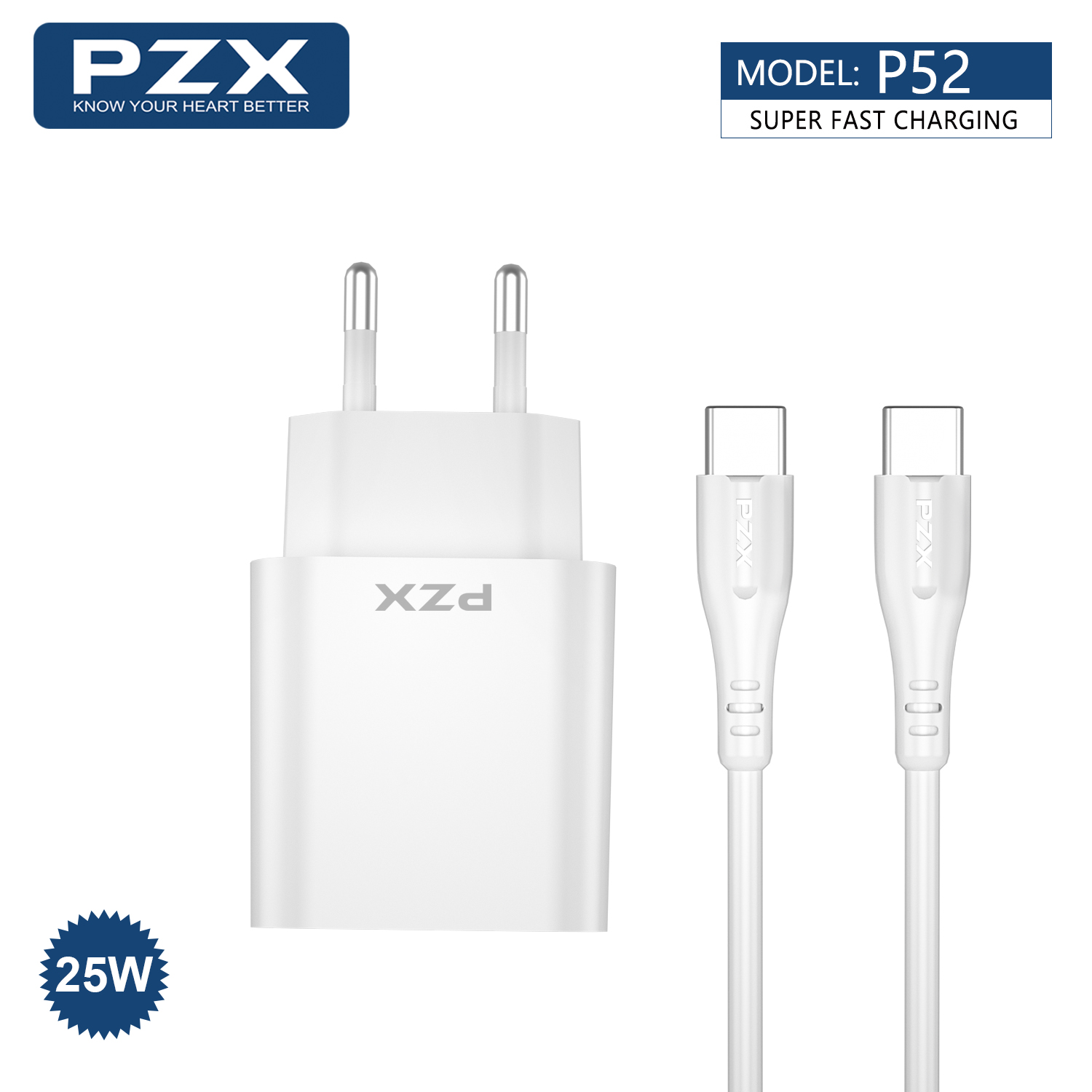 PZX P52  25W hleðslutæki og USB-C snúra hvítt