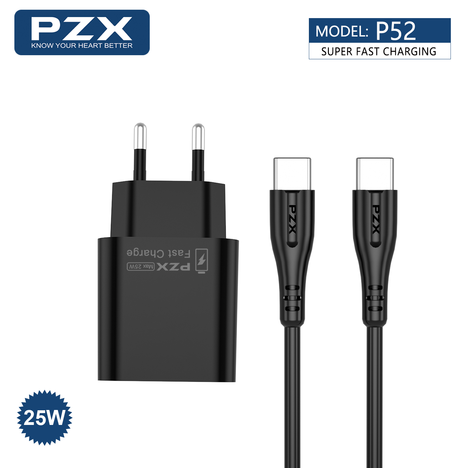 PZX P52 25W hleðslutæki og USB-C snúra svart