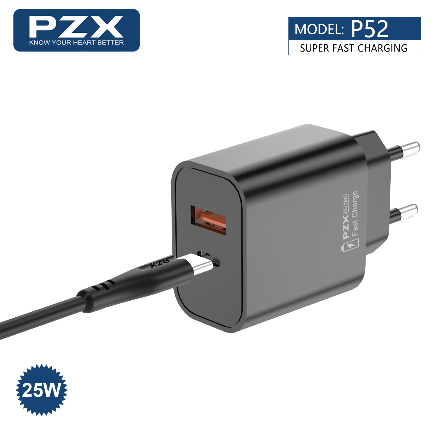 PZX P52 25W hleðslutæki og USB-C snúra svart