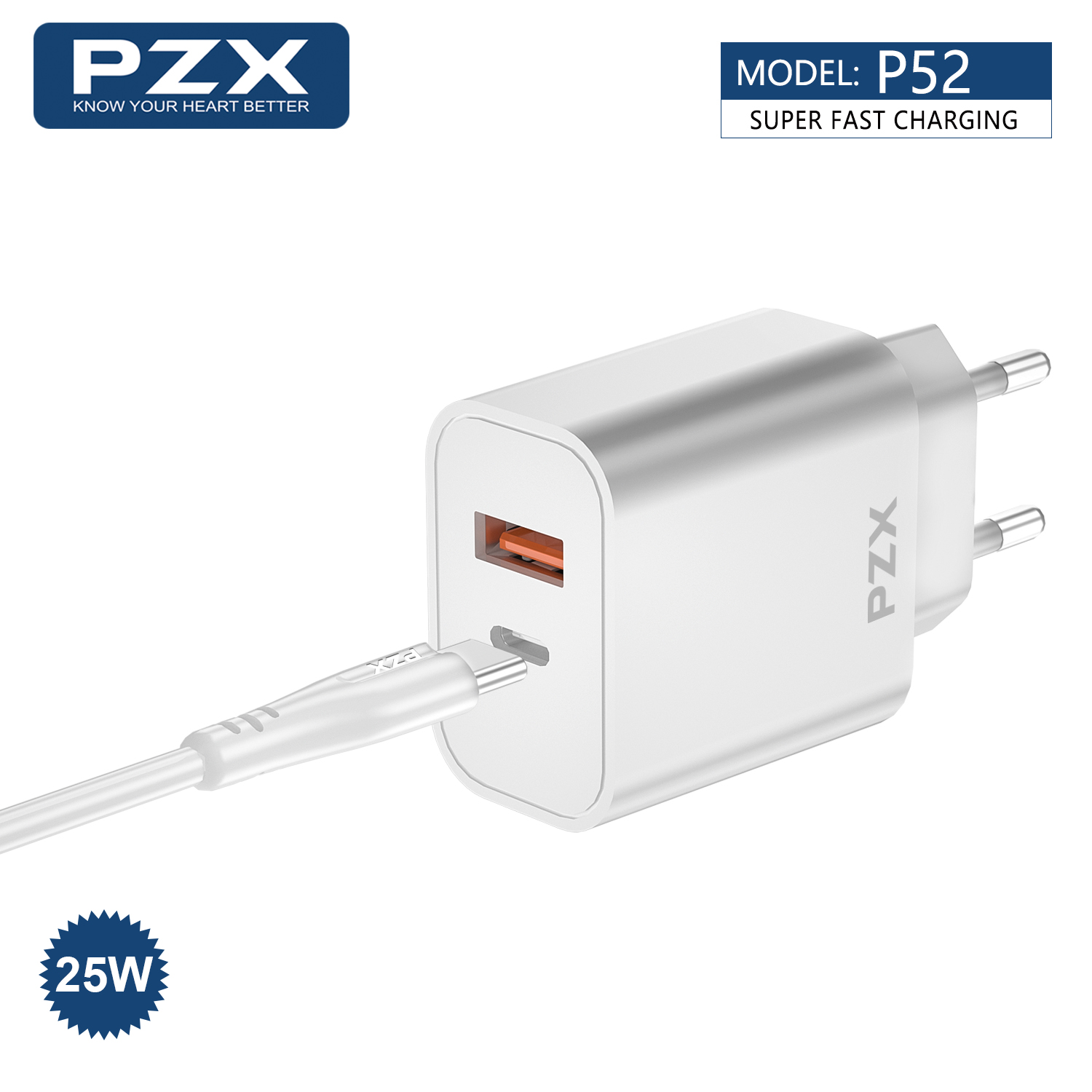 PZX P52  25W hleðslutæki og USB-C snúra hvítt