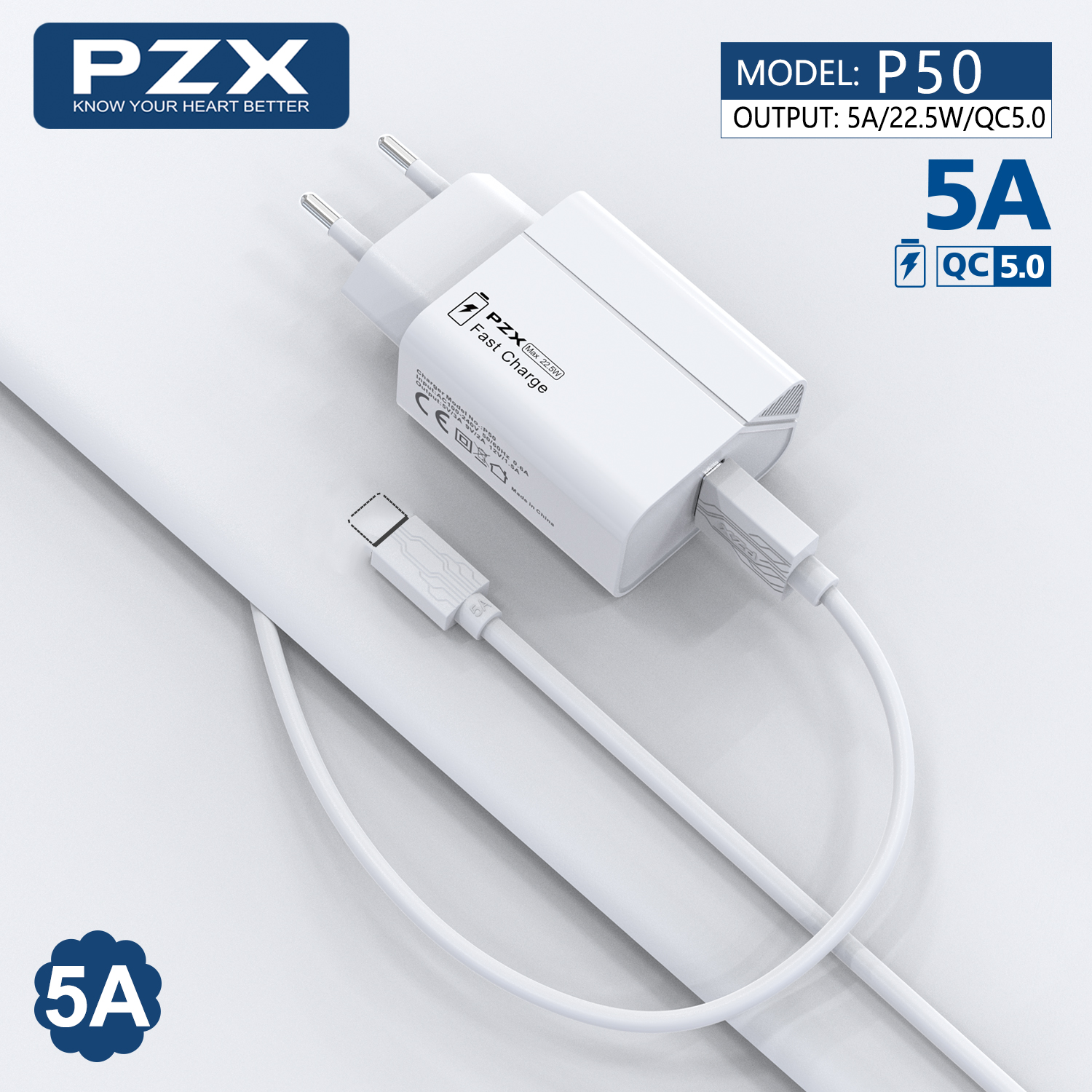 PZX P50 22.5W hleðslutæki og lightning snúra hvítt