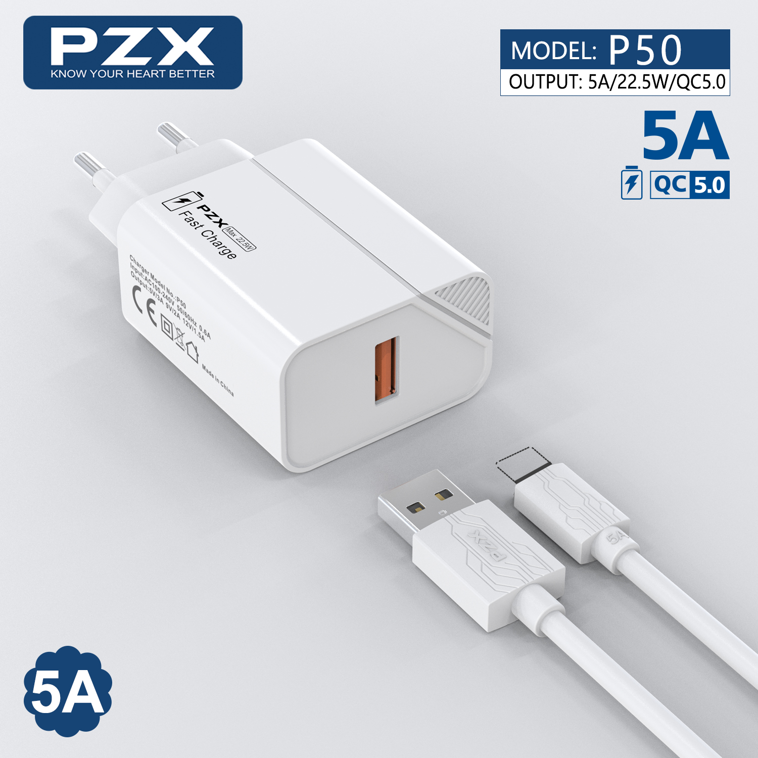 PZX P50 22.5W hleðslutæki og lightning snúra hvítt