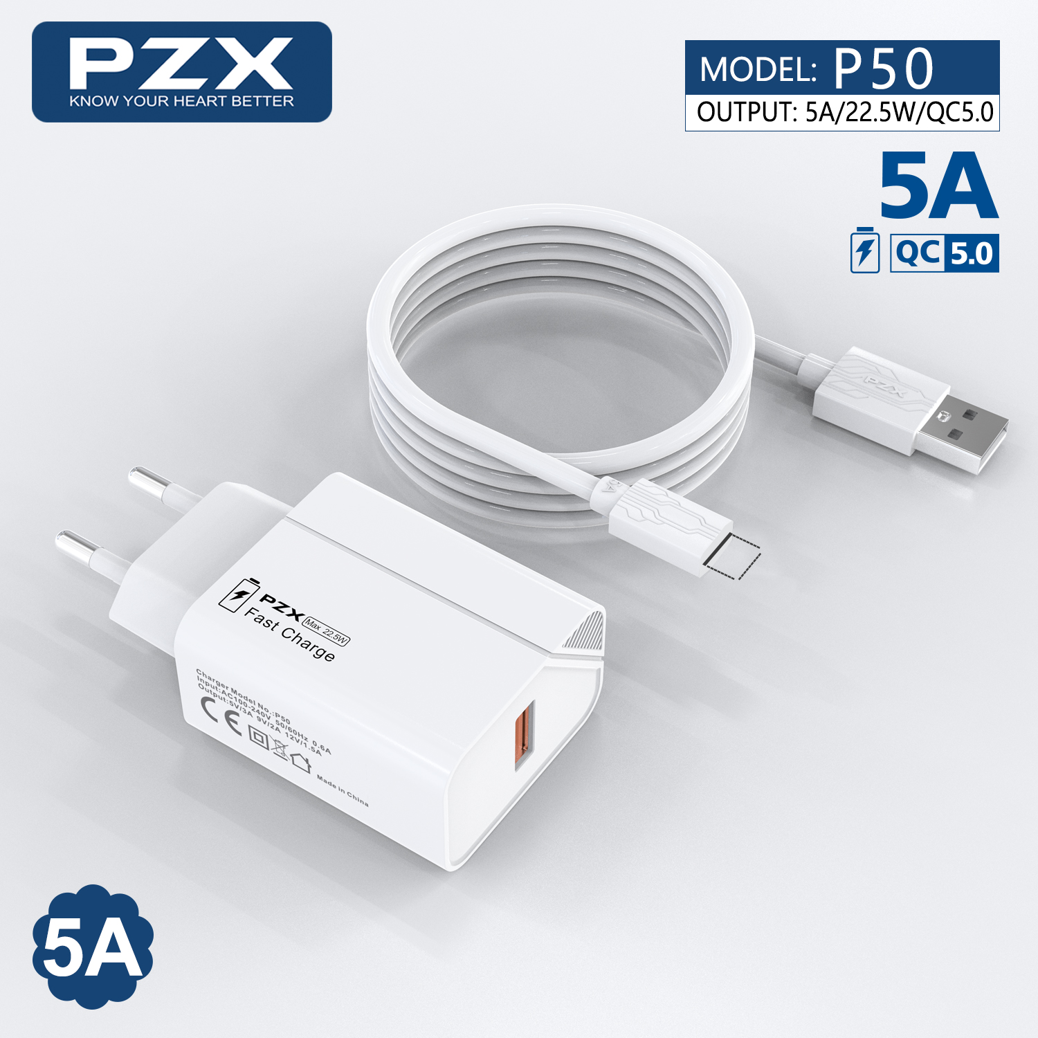 PZX P50 22.5W hleðslutæki og lightning snúra hvítt