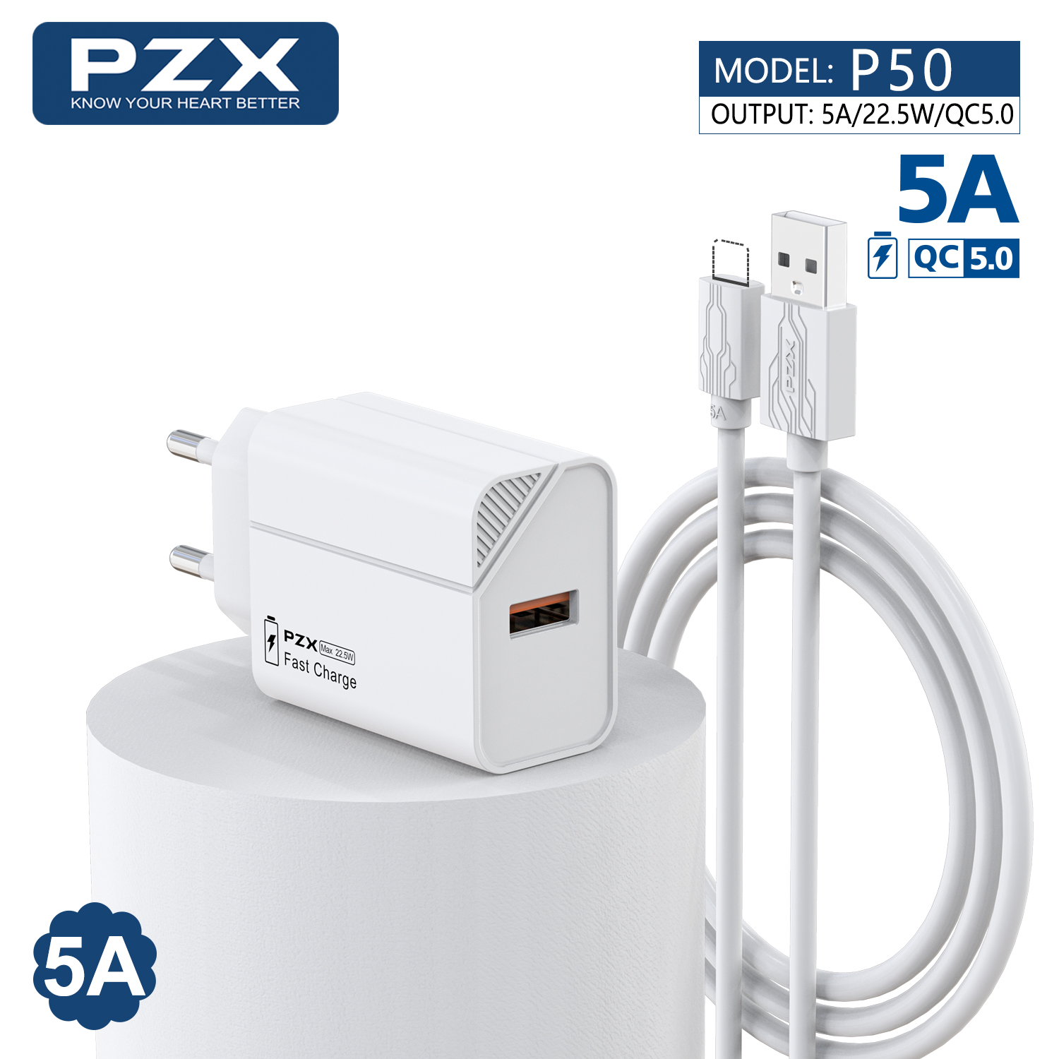 PZX P50 22.5W hleðslutæki og lightning snúra hvítt