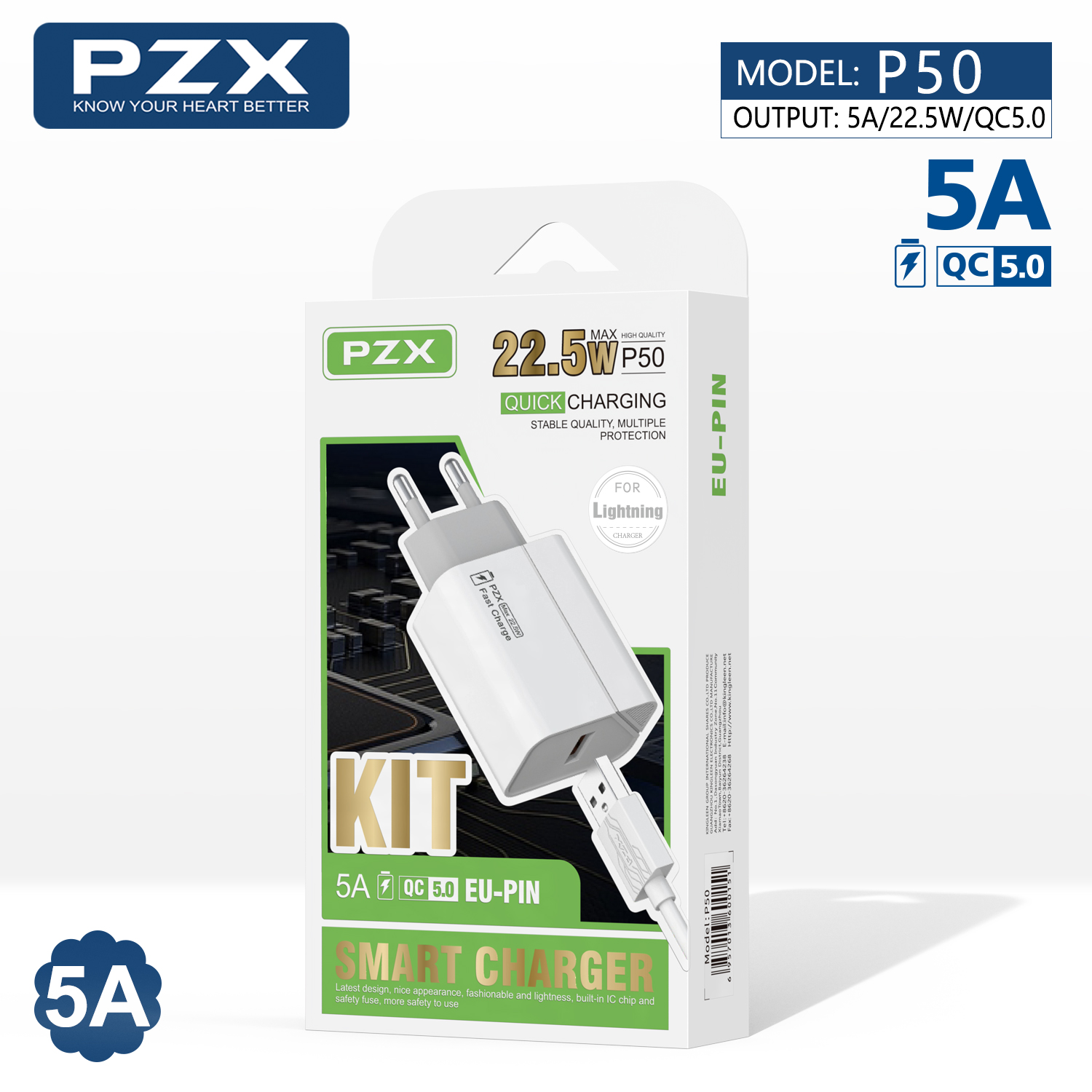 PZX P50 22.5W hleðslutæki og lightning snúra hvítt