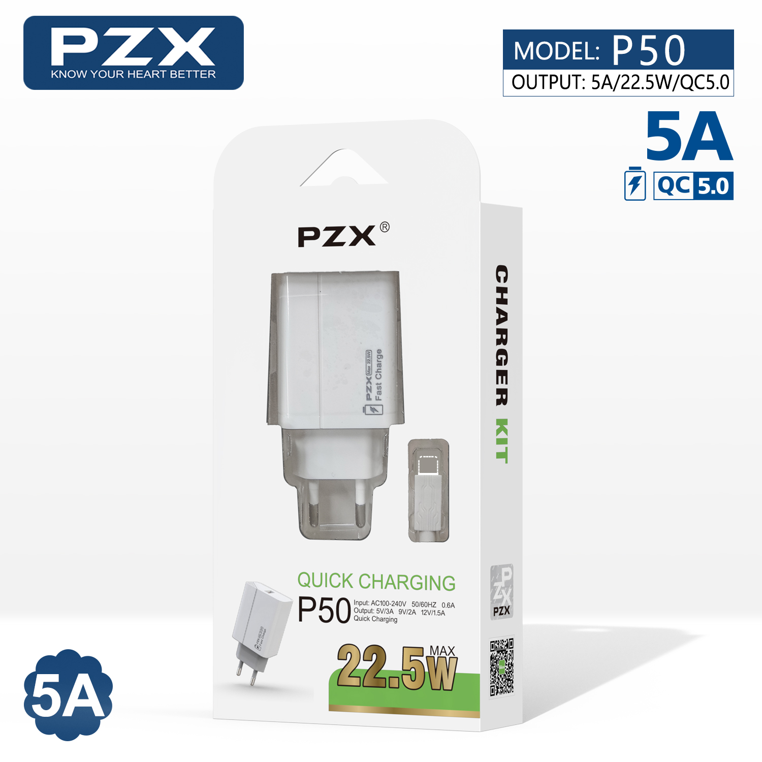 PZX P50 22.5W hleðslutæki og lightning snúra hvítt