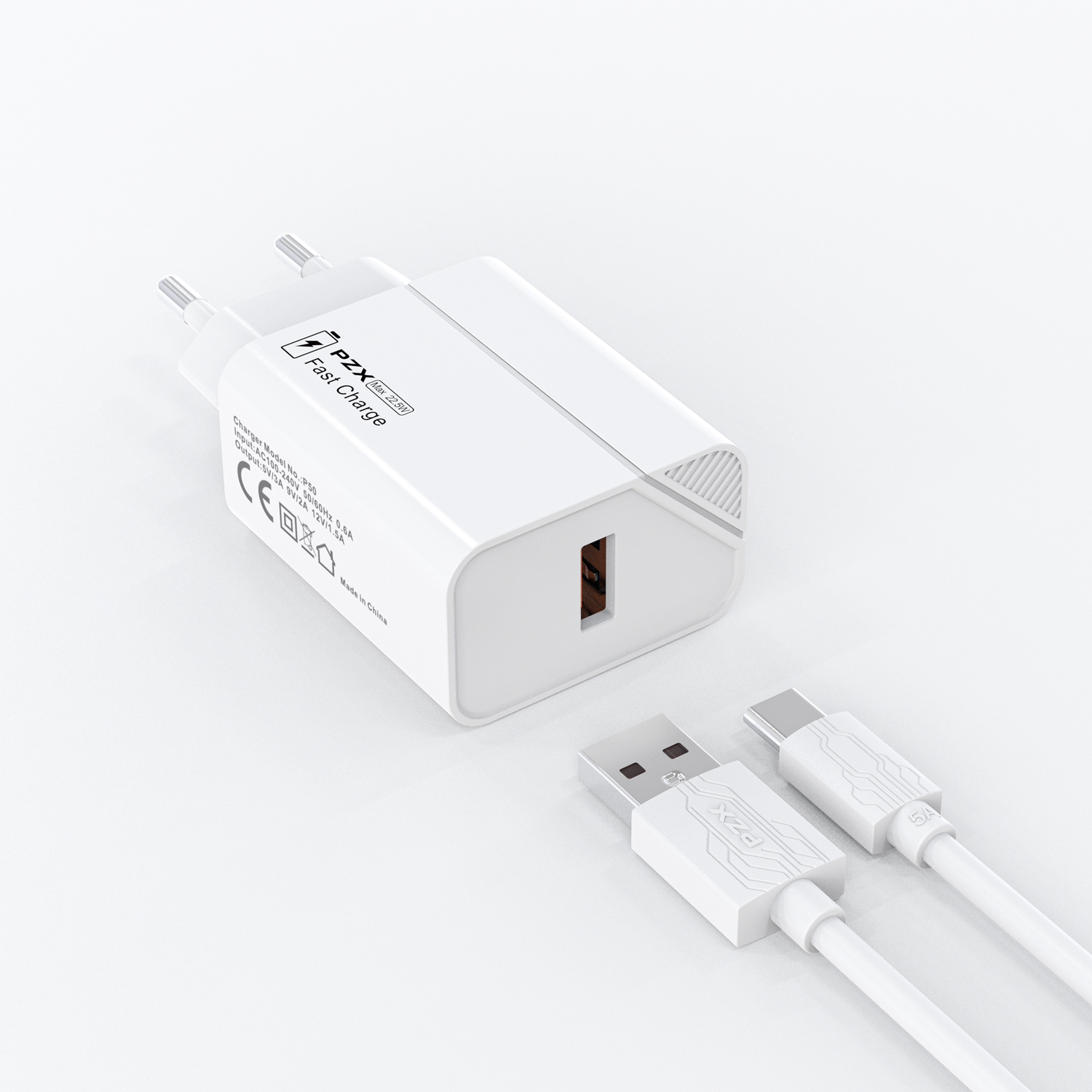 PZX P50 22.5W hleðslutæki og USB-C snúra hvítt