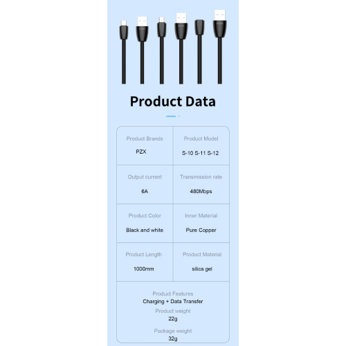 PZX S-12 USB í USB-C snúra 1 meter svört